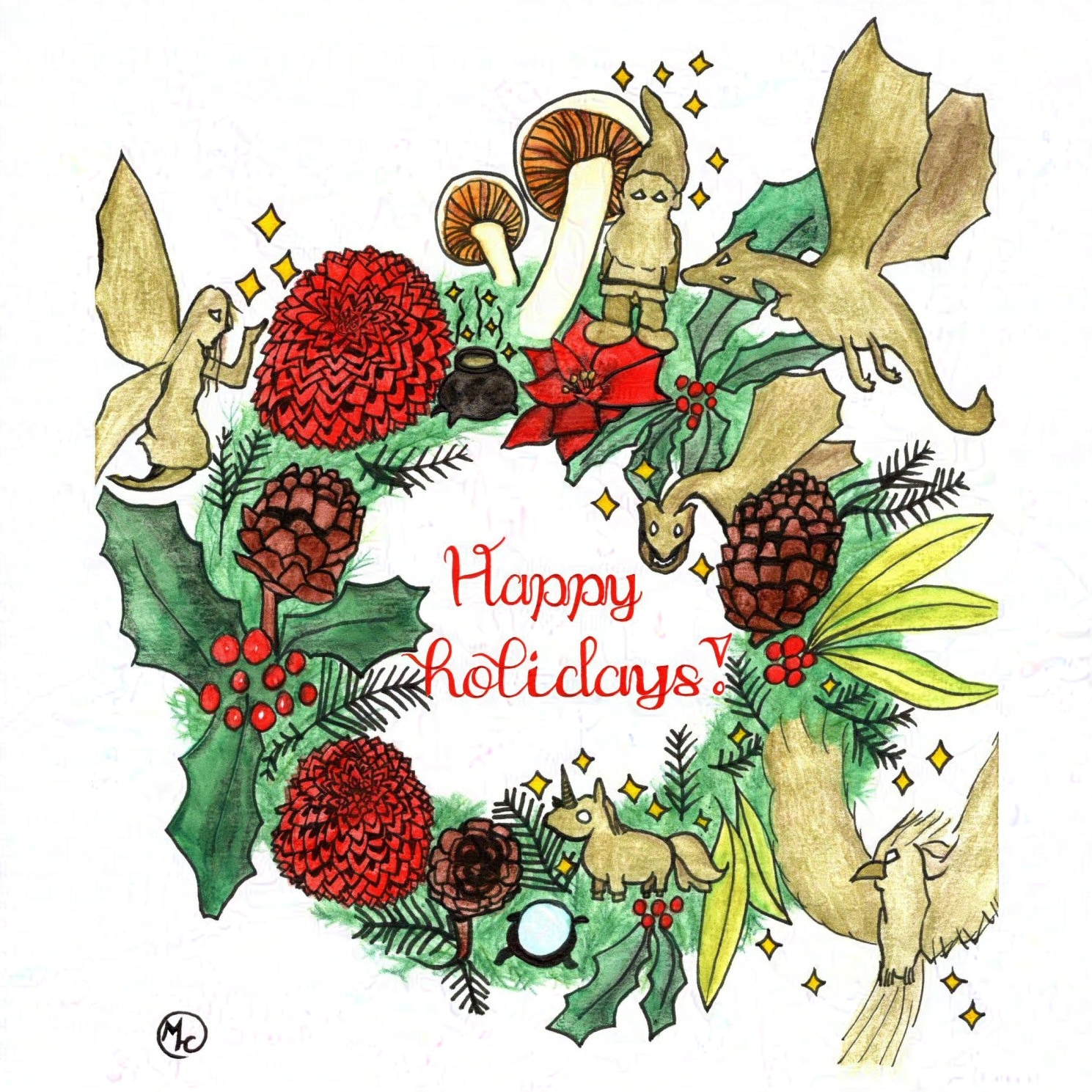 Handdrawn holiday card with a magical Christmas wreath